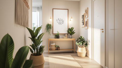 Fototapeta premium A white board with a frame hangs on a wall. The board is empty, but the room is filled with plants and pictures. The plants are arranged on shelves and in pots, and the room has a warm