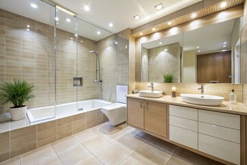 Fototapeta premium Stylish modern bathroom with light tiled walls and floor