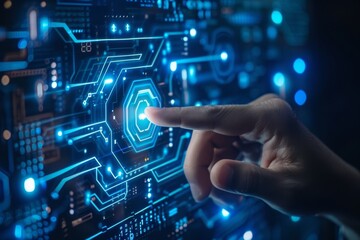 Hand reaching for floating digital security symbol