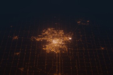 Aerial shot on Champaign (Illinois, USA) at night, view from east. Imitation of satellite view on modern city with street lights and glow effect. 3d render