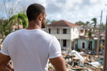 Fototapeta premium A man in a white shirt, viewed from behind, observes severe hurricane damage to a neighborhood. The scene signals resilience and hope after the hurricane's havoc.