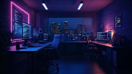 Inside a dimly lit workspace, the workstations of programmers