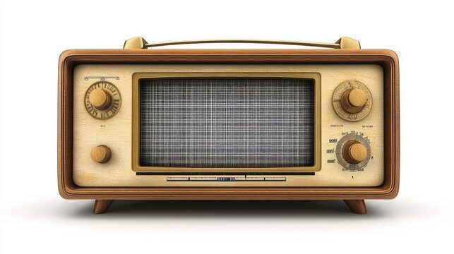 A vintage-style brown radio with knobs and a screen