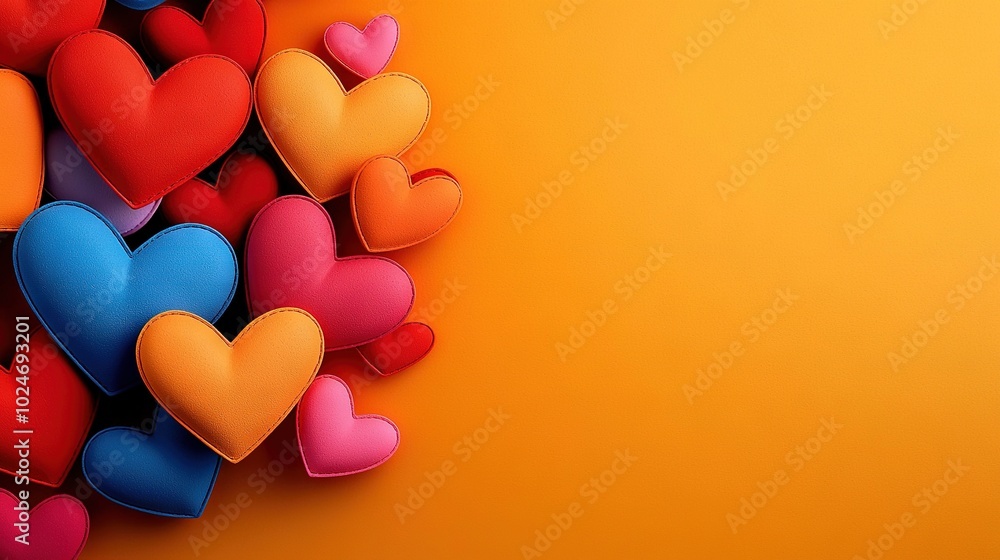 Poster a collection of multicolored hearts placed on a yellow-orange backdrop with space for text or an ima