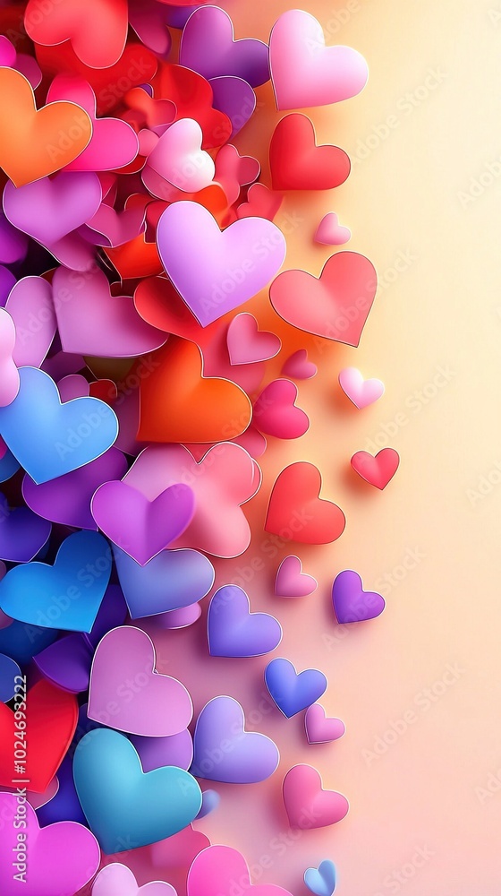 Poster yellow and pink background with various-colored hearts surrounding space for message or centered mes