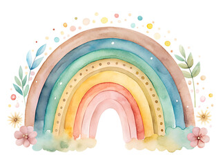 Watercolor illustration clipart boho rainbow with dots, branches, clouds, flowers. Isolated on transparent background. Perfect for card, postcard, tags, invitation, printing, wrapping.