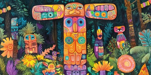 Obraz premium Colorful totem poles in a jungle setting.