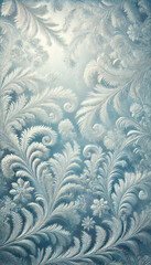 Vertical winter background with frosty patterns on the window
