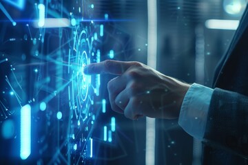 Fototapeta premium Businessman use his palm touching button on virtual screens, green technology and eco-friendly energy concept