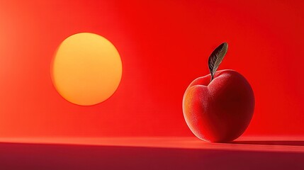   Red apple with leaf protruding against yellow-red backdrop; partial circle