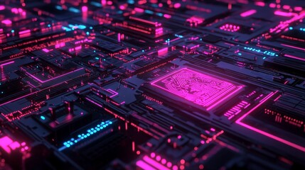 Fototapeta premium A vibrant, abstract representation of a circuit board with neon colors, emphasizing technology and innovation.