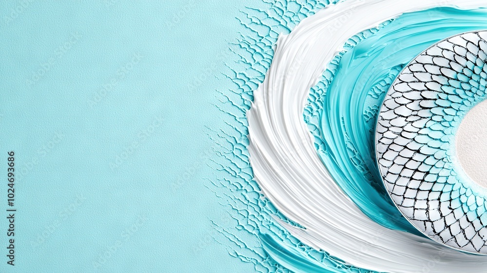 Poster a close-up of a white and blue object on a blue surface, featuring a central circular object