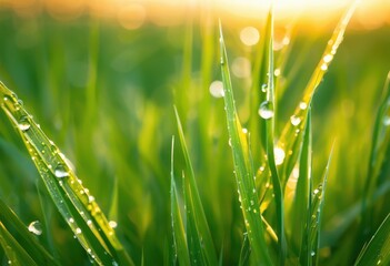 Fototapeta premium close shot dewy grass blades glimmering warm light sunrise soft focus vibrant green colors, macro, nature, dewdrops, title, plants, morning, detailed, texture