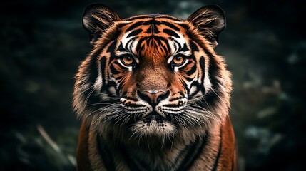 Fototapeta premium A close-up portrait of a tiger with a dark background, showcasing its powerful presence and piercing gaze.