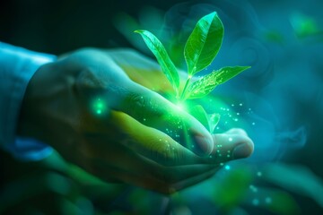 Businessman use his palm touching button on virtual screens, green technology and eco-friendly energy concept