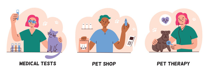 Vector illustration of veterinary clinic and and pet shop, medical test and pet therapy, domestic animals laboratory. Flat cartoon design, perfect for pet care, vet clinics, and animal healthcare