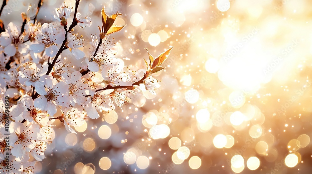Poster   A close-up of a tree with white flowers in the foreground and the sun shining through the trees in the background is optimized as Tree with white flowers, sun shining through