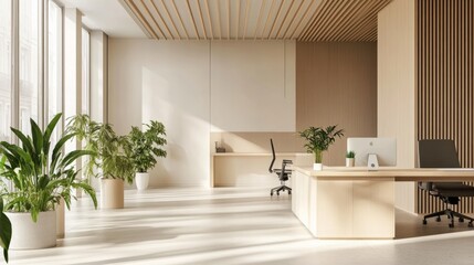 Fototapeta premium View of a bright, airy, and minimalist modern office environment featuring workstations, plants, and a copy area