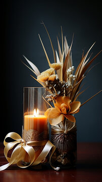 d&eacute;coration floral sur une table accompagn&eacute; de bougies et de cadeaux pour Noel ou anniversaire, bien &ecirc;tre d&eacute;tente