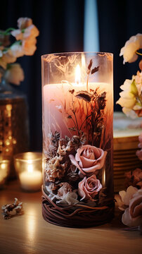 d&eacute;coration floral sur une table accompagn&eacute; de bougies et de cadeaux pour Noel ou anniversaire, bien &ecirc;tre d&eacute;tente