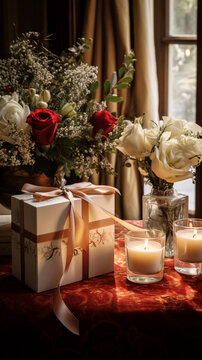 d&eacute;coration floral sur une table accompagn&eacute; de bougies et de cadeaux pour Noel ou anniversaire, bien &ecirc;tre d&eacute;tente 