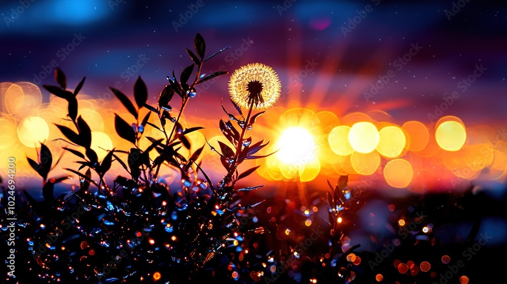 Poster clear picture of a sharp dandelion in the focal point with a hazy cityscape in the backdrop