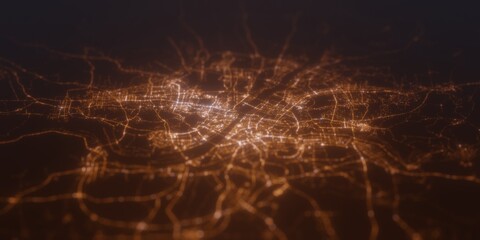 Street lights map of Wuhan (China) with tilt-shift effect, view from north. Imitation of macro shot with blurred background. 3d render, selective focus