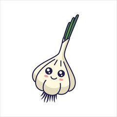 Cute Kawaii garlic cartoon icon illustration. Food vegetable flat icon concept isolated on white background. Garlic character, mascot in Doodle style.