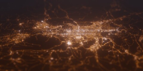 Street lights map of Daegu (Korea) with tilt-shift effect, view from north. Imitation of macro shot with blurred background. 3d render, selective focus