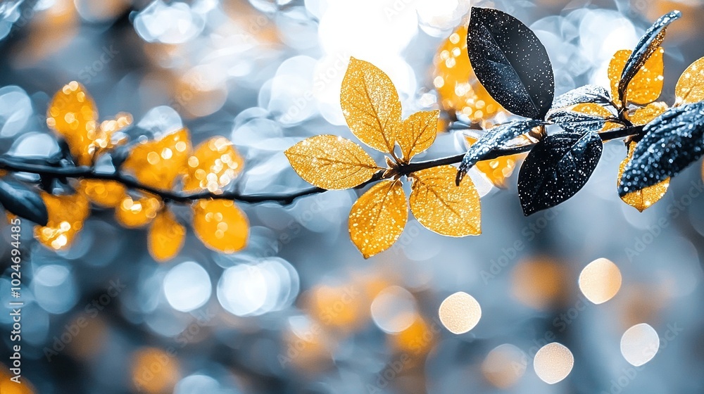 Poster a high-resolution image of a tree branch with leaves and water droplets, set against a softly blurre