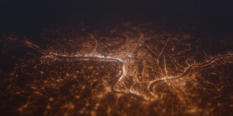 Street lights map of Vientiane (Laos) with tilt-shift effect, view from south. Imitation of macro shot with blurred background. 3d render, selective focus