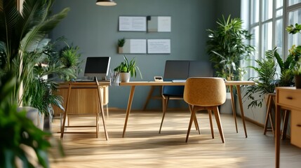 View of a bright, airy, and minimalist modern office environment featuring workstations, plants, and a copy area