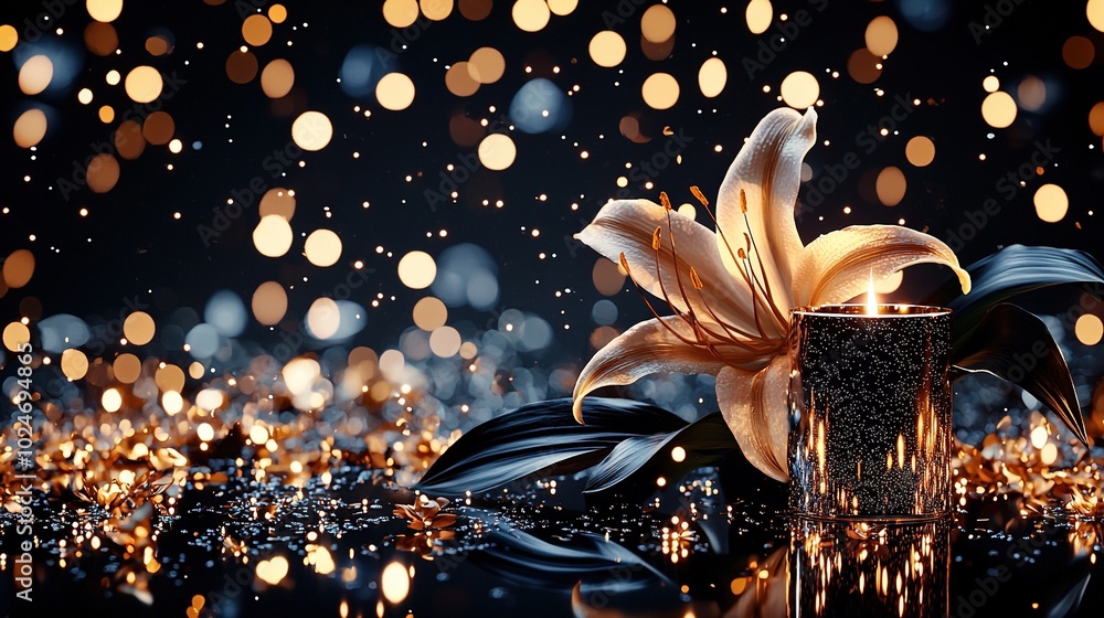 Poster close-up photo of a vase with a flower on a table against a background of multiple bright lights