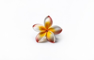 Naklejka premium A single, delicate flower with five petals, white with yellow and red highlights, rests against a plain white background.