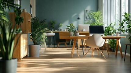 Obraz premium View of a bright, airy, and minimalist modern office environment featuring workstations, plants, and a copy area