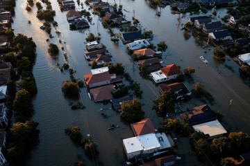 Fototapeta na wymiar An aerial perspective of homes engulfed by floodwaters in a suburban neighborhood, showing the severe consequences of natural disasters on populated settings.