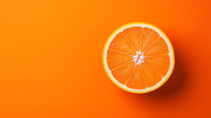Sliced orange with juicy details on an orange background, top-down view, high-contrast colors, ideal for fruit-themed designs or advertisements. copy space