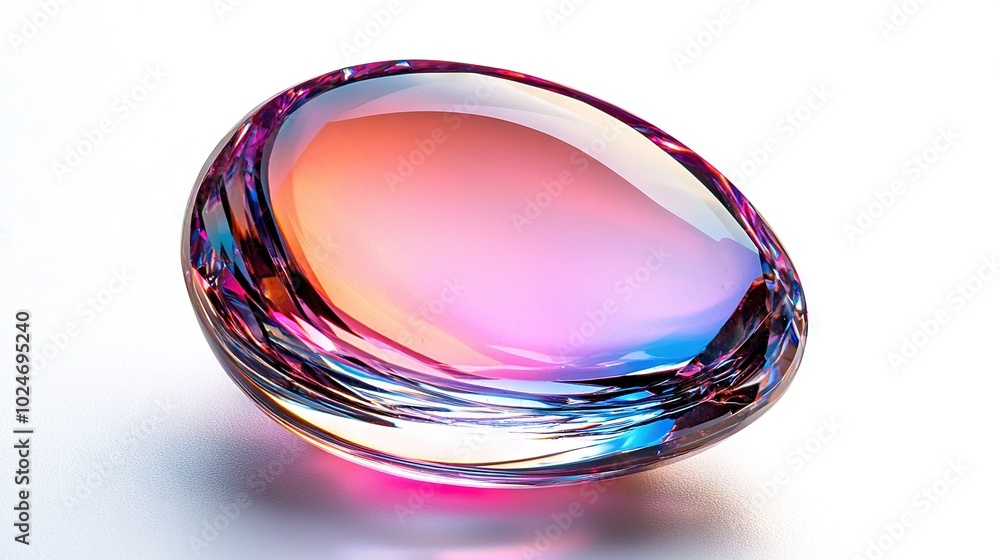 Poster a macro shot of a vibrant item resting on a white background, displaying its reflection in the cente