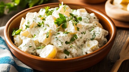 patato salad with mayonnaise and dill in a bowl