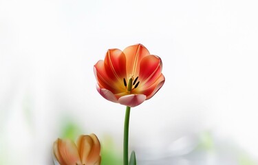 Fototapeta premium A single orange and pink tulip flower is in focus against a white background with a blurred green background.