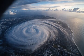 Fototapeta premium Immense spiral cloud formation hovering over both land and sea, signifying the grandeur of weather dynamics and impact on the inhabited landscape beneath.