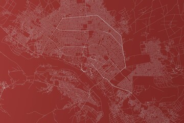 Map of the streets of Niamey (Niger) made with white lines on red background. Top view. 3d render, illustration