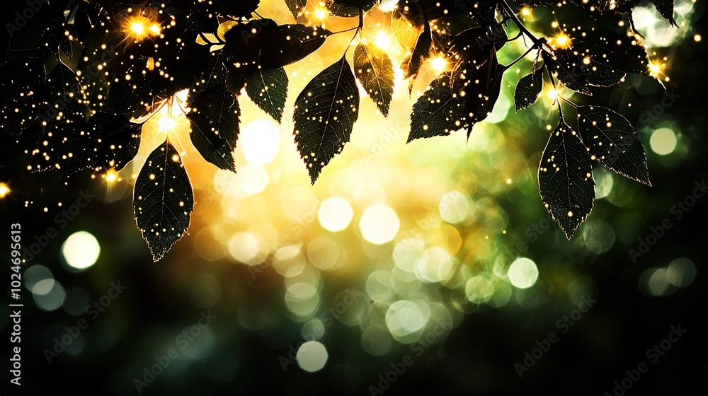Poster a close-up of a leafy tree with lights in the background and a blurred image of leaves in the foregr