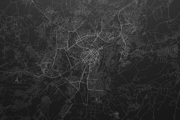 Street map of Yerevan (Armenia) on black paper with light coming from top