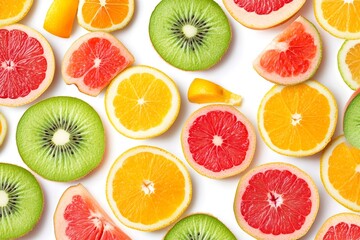 Vibrant Assortment of Freshly Cut Citrus and Tropical Fruits on Plain Background