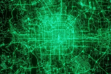 Map of the streets of Beijing (China) made with green illumination and glow effect. Top view on roads network. 3d render, illustration