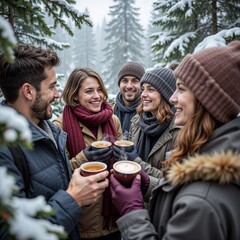 Fototapeta premium A joyful group of tourists laughing and enjoying hot beverages in a snowy winter landscape