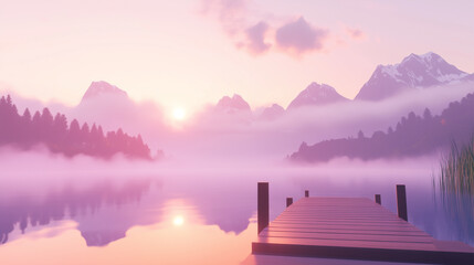 A serene and peaceful scene of a lake with mountains in the background. The sky is a beautiful shade of purple, and the water is calm and still. Scene is tranquil and calming