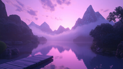 A serene and peaceful scene of a lake with mountains in the background. The sky is a beautiful shade of purple, and the water is calm and still. Scene is tranquil and calming