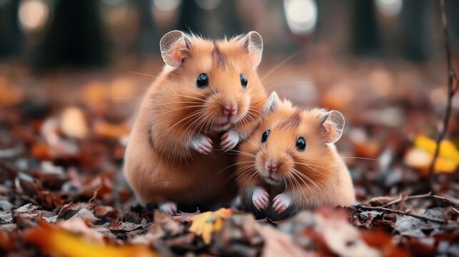 Two cute brown hamsters sitting among autumn leaves, focusing on their shiny eyes and soft fur in a forested background.